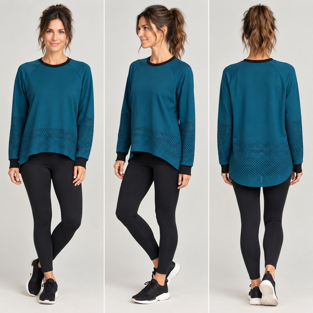 Ultracor Pullover Laser Cut Perforated High Low Long Sleeve Top in Teal Women XS